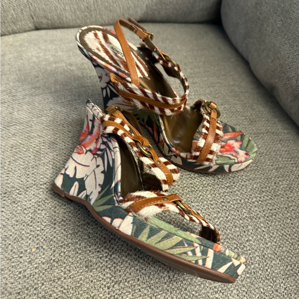 Schultz Floral Wedge Sandals with Brown Straps